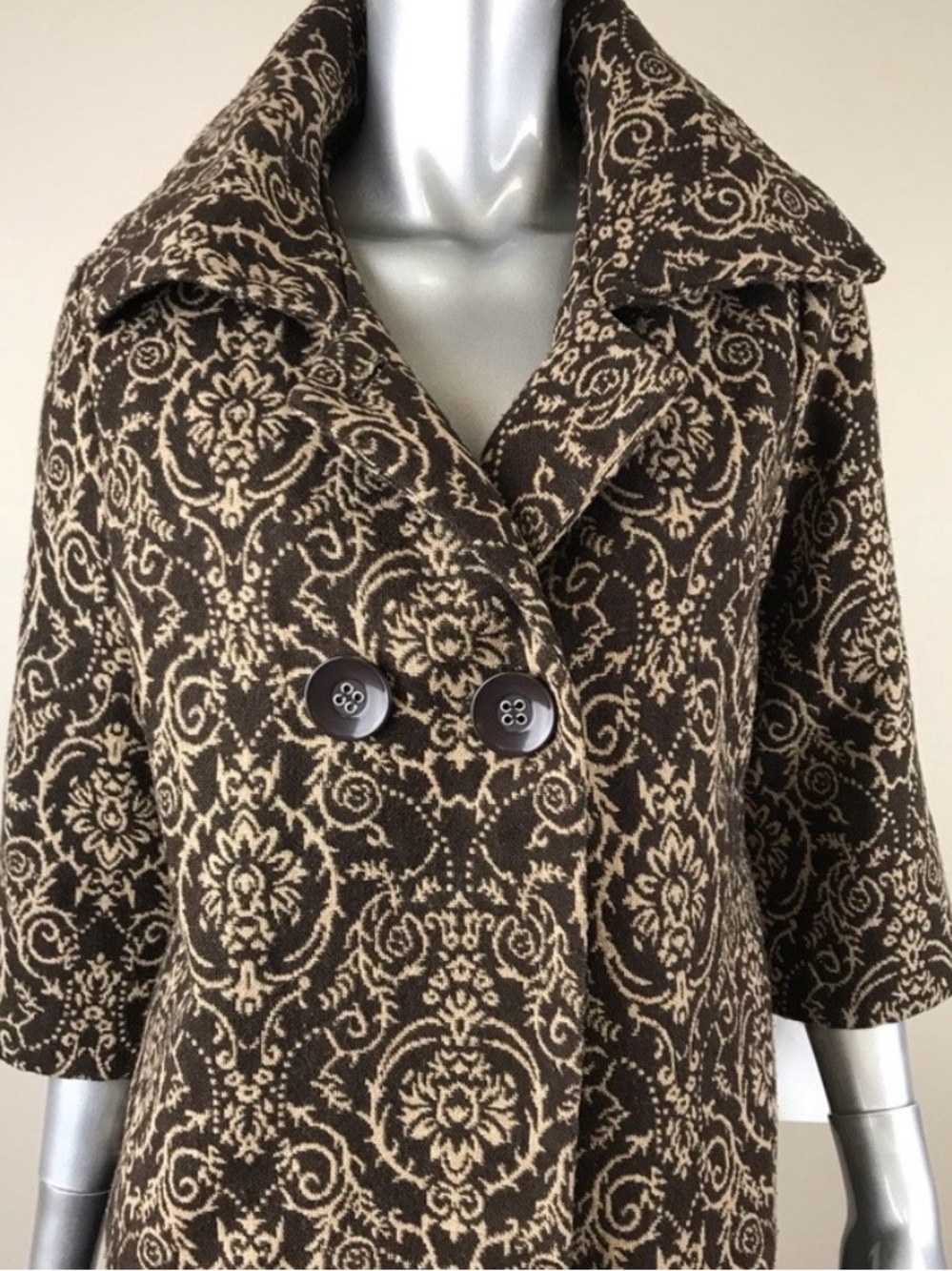 Patterned Brown and Cream Double-Breasted Coat